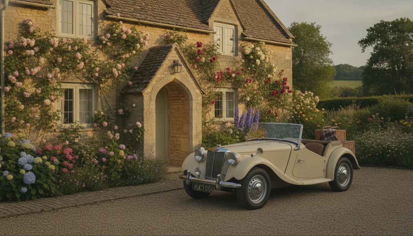 The Cotswolds house: stone, roses, and a convertible that predates most trends.