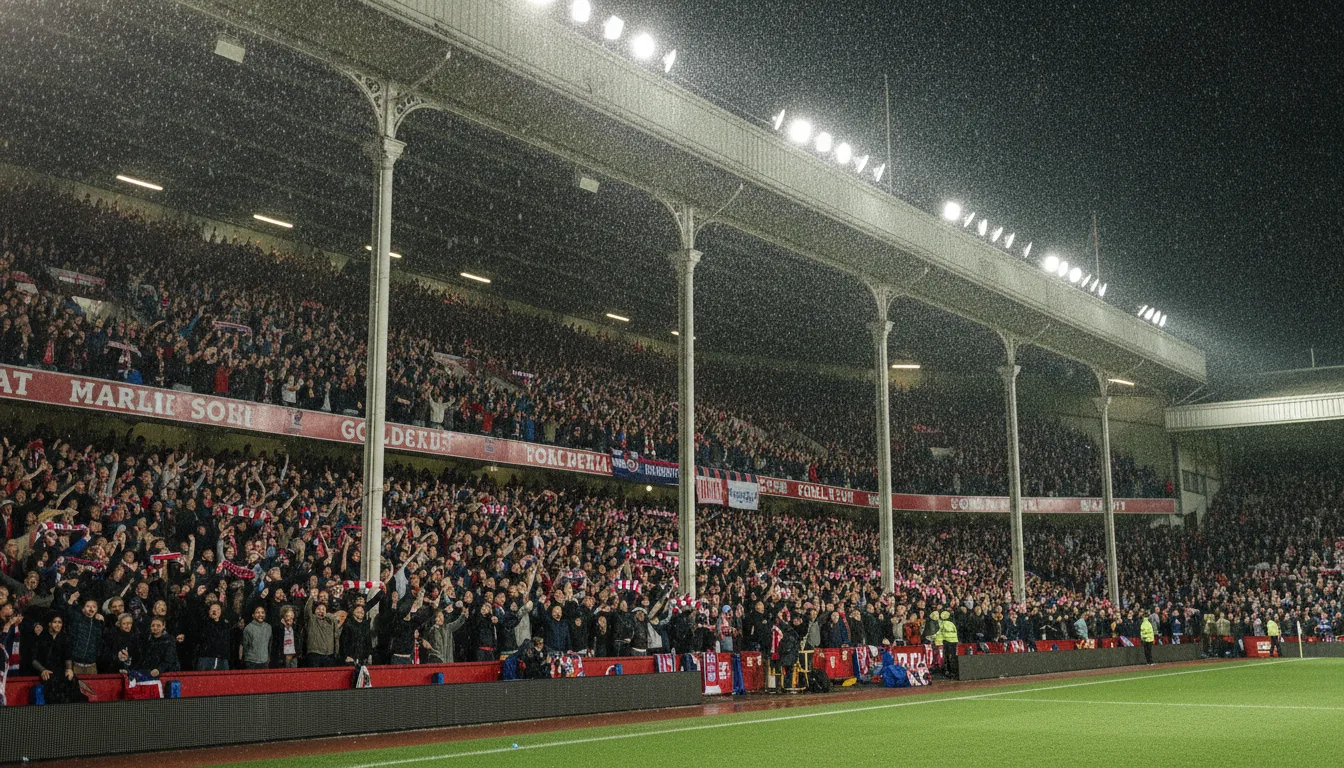 The Racecourse under lights — and under Welsh rain, naturally.