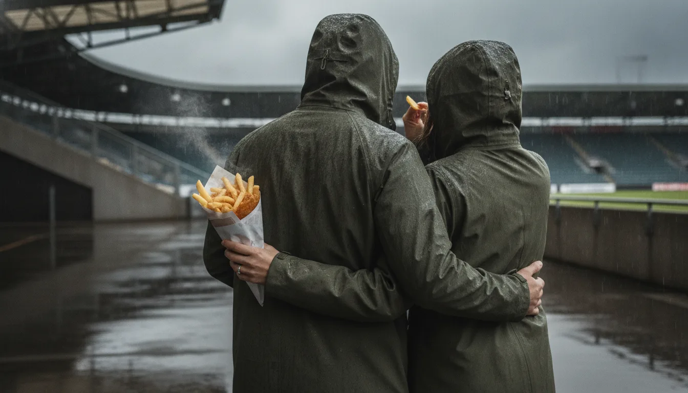 Fish and chips in the rain: the full Wrexham experience, as required by local law.