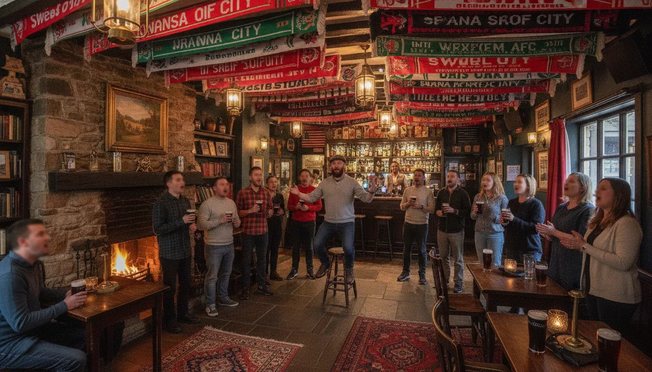 The post-match pub: scarves on the ceiling, songs until closing.