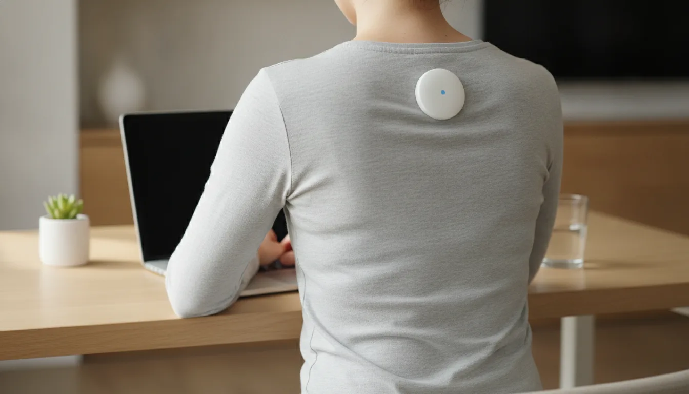 Worn between the shoulders, it vibrates when you slouch. Sixty to ninety minutes a day is the protocol.