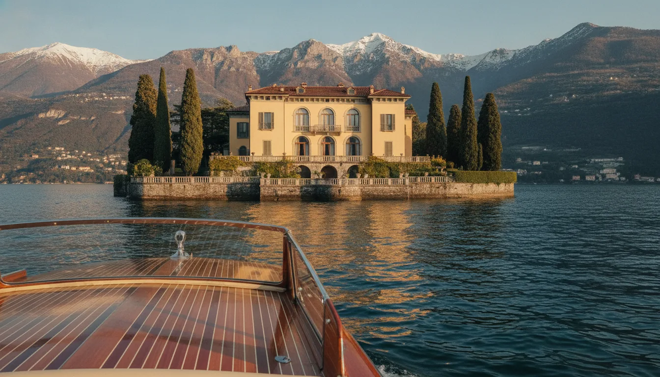 Villa Oleandra from the water — the gates stay closed, the view is public.
