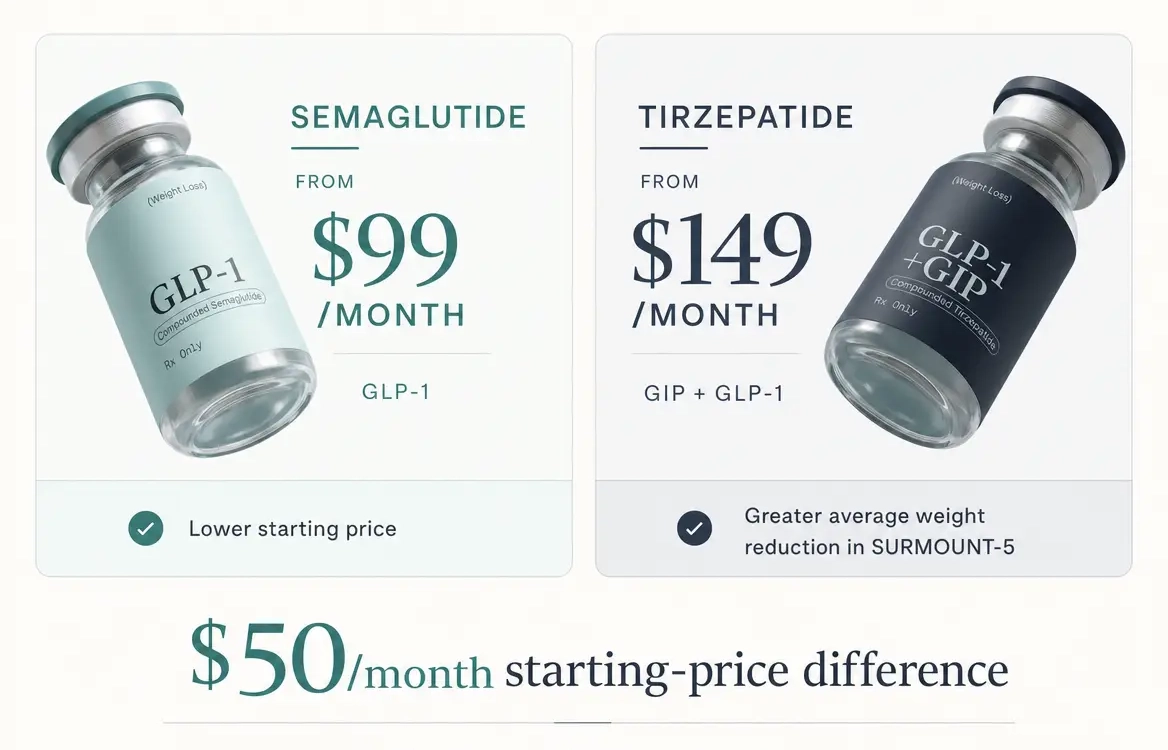 Semaglutide from $99, tirzepatide from $149 — a $50 starting-price difference