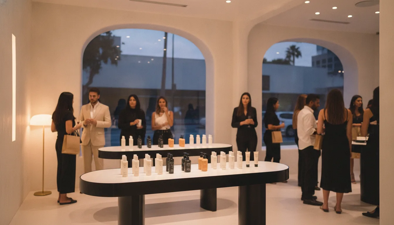 Inside the Rhode pop-up space on Melrose, dressed for opening night.