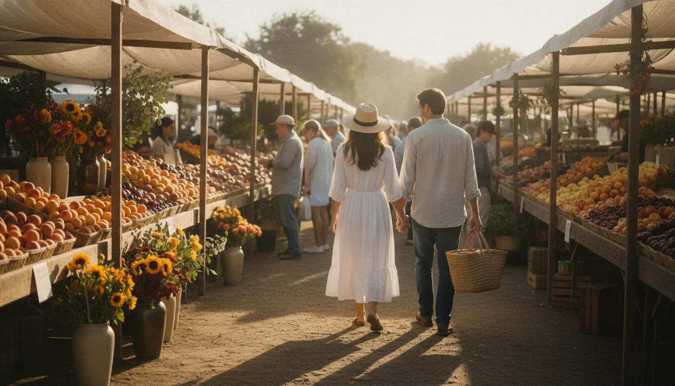 Sunday morning at the market: basket, seasonal fruit, zero theater.