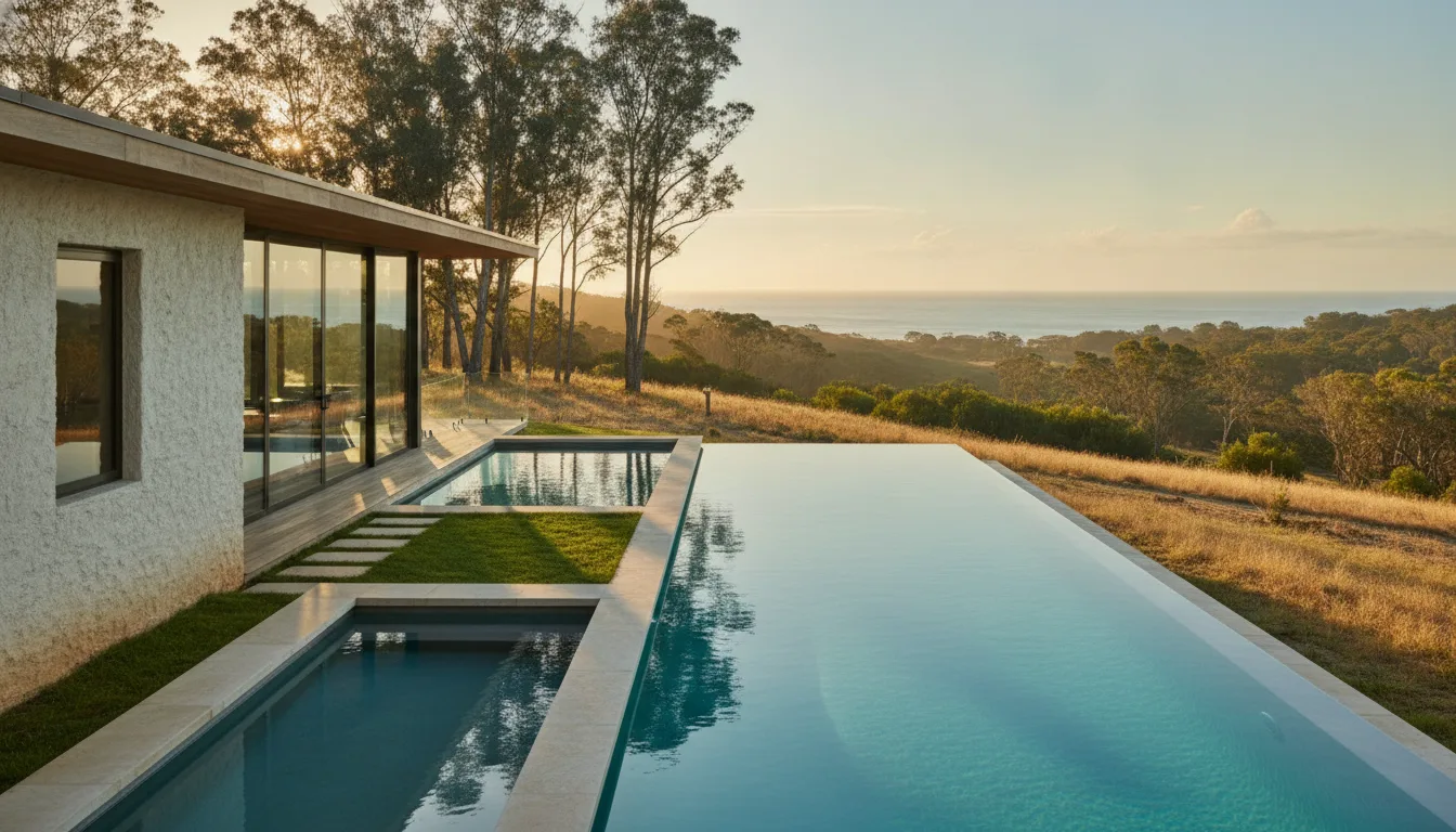 The hinterland property at golden hour — limewash, timber, and a pool with a horizon line.