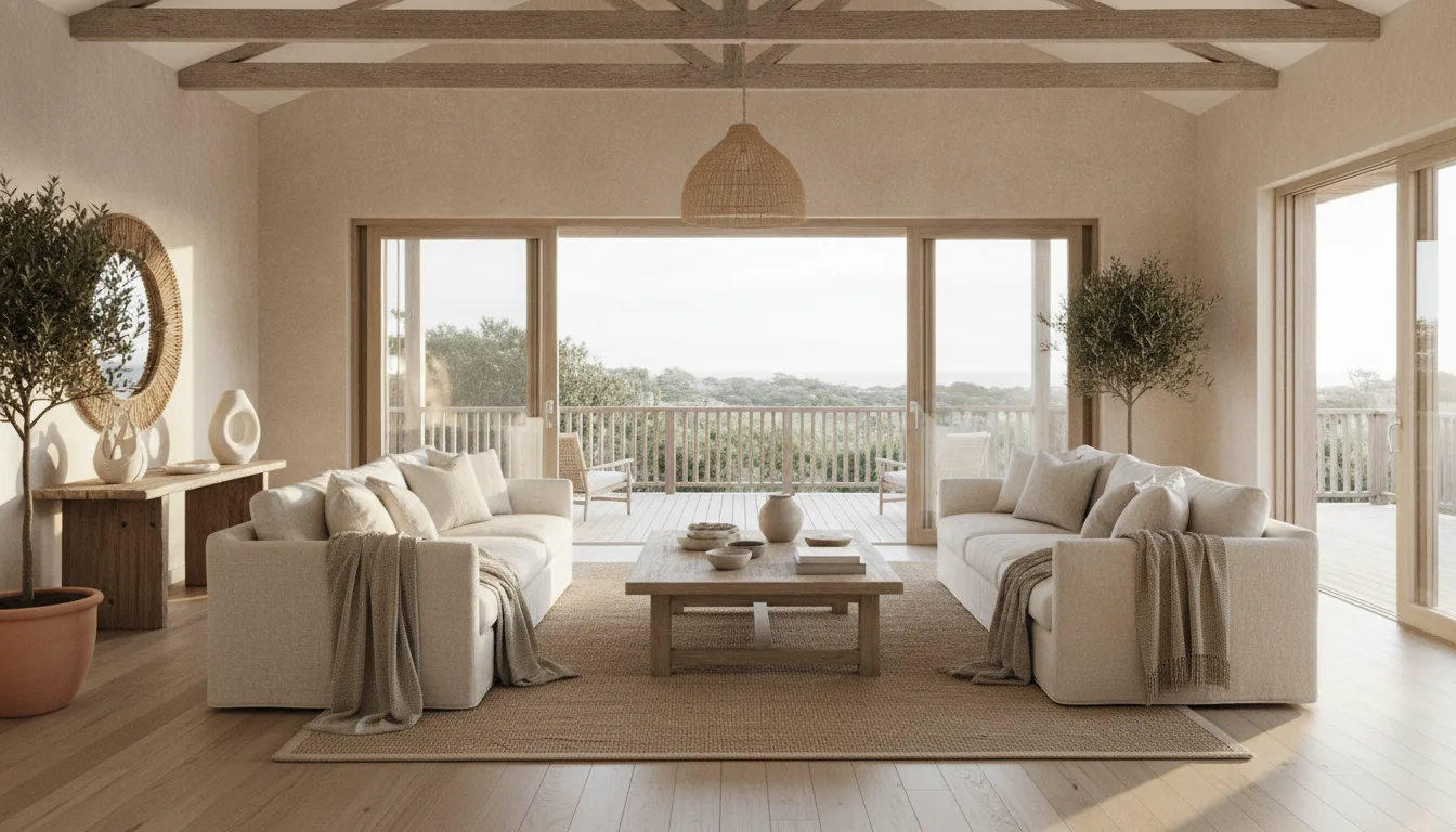 Inside: undyed linen, reclaimed timber, and windows that behave like walls.