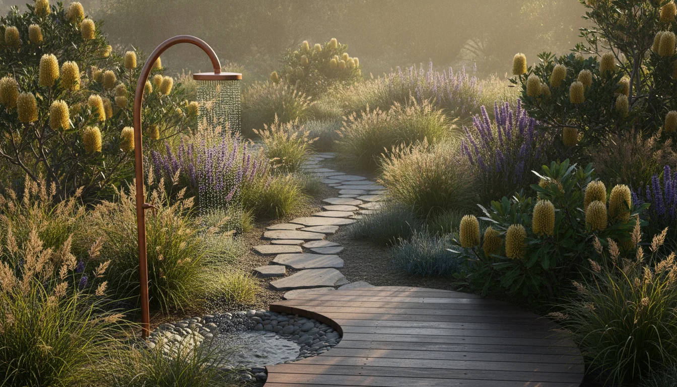 The garden leans native — banksia, grasses, and an outdoor shower.