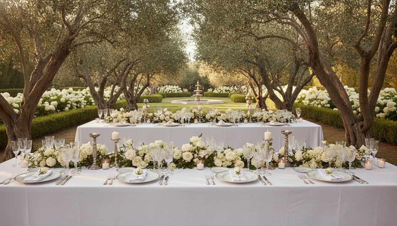 Under the olive trees: white linen, cream roses, and not a logo in sight.