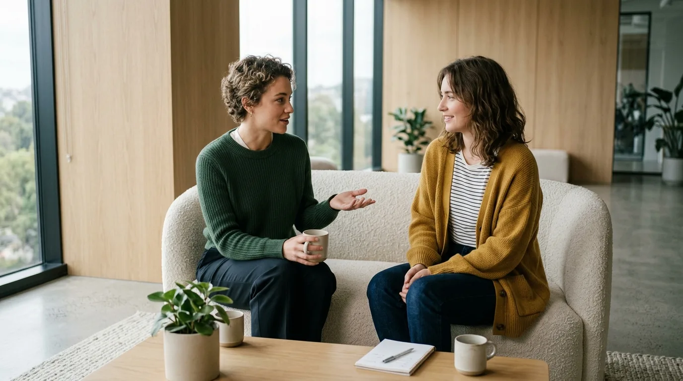 Modern office conversation, wellness without chaos