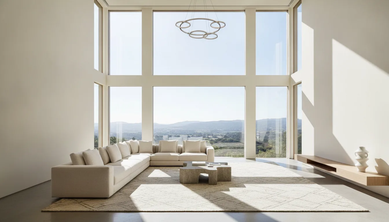 Inside: double-height rooms and a scale built for entertaining on a studio lot's schedule.