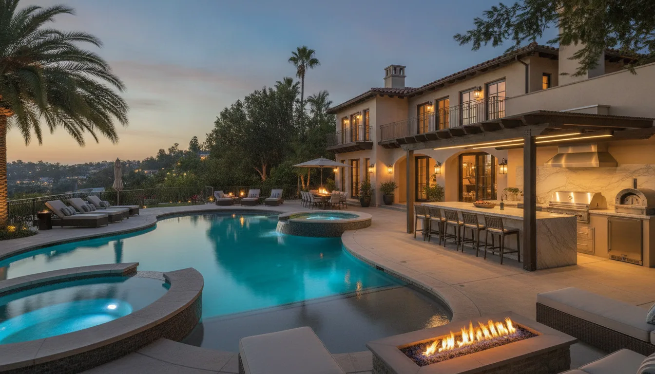 The grounds: pool, outdoor kitchen, and the kind of privacy money can still buy.