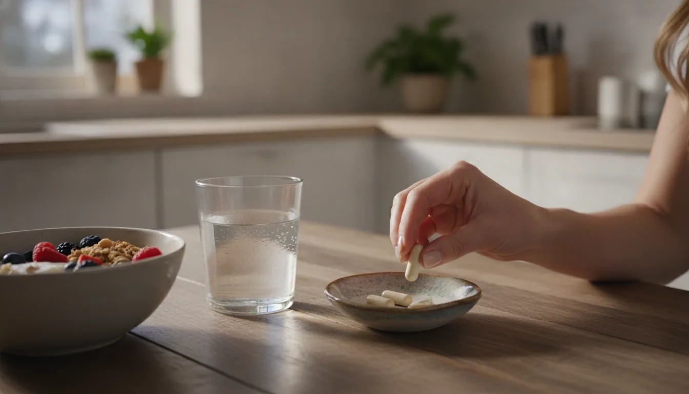 Two capsules with breakfast — the entire routine, which is the point.