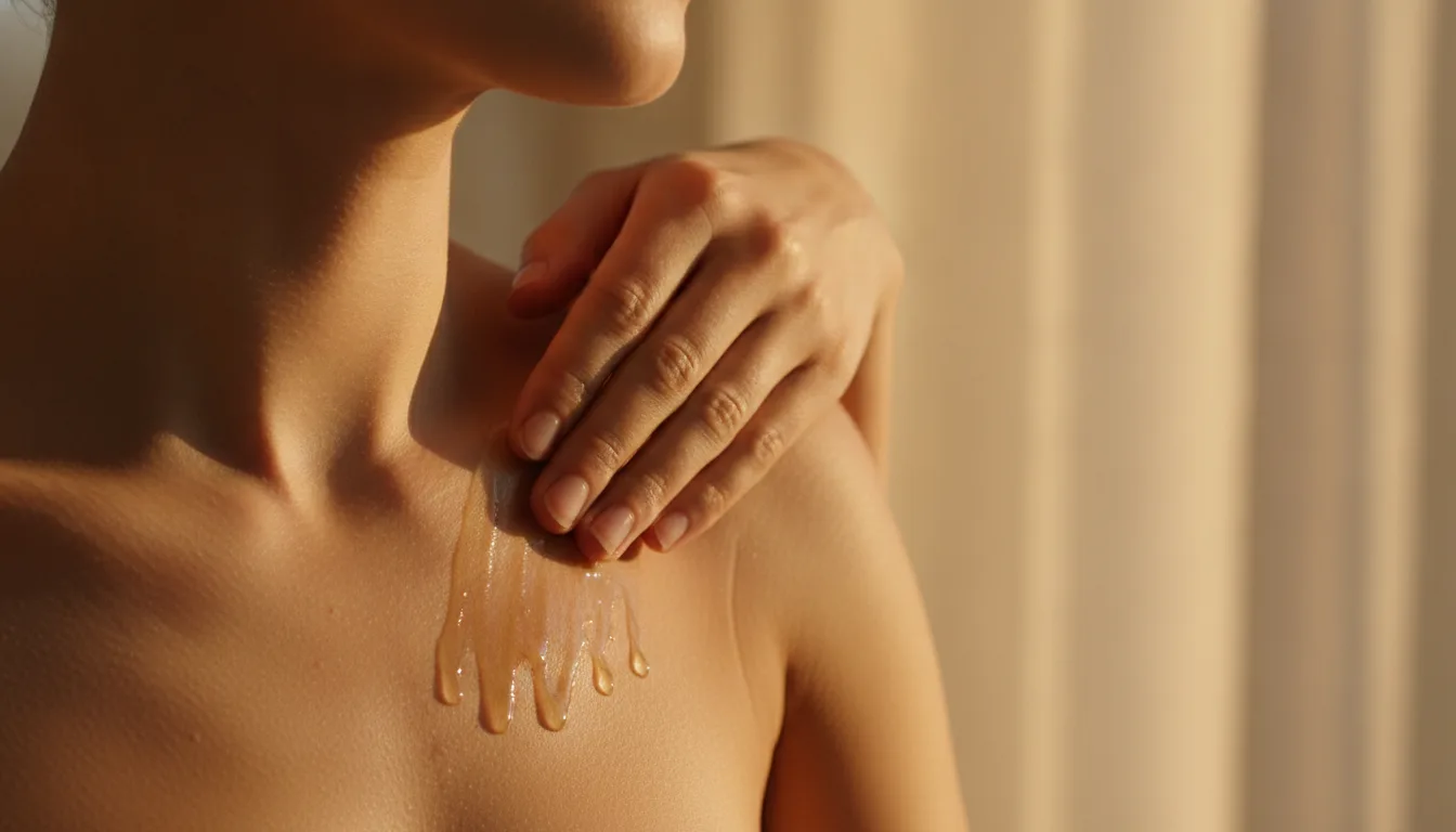 Two pumps per limb, pressed in long strokes. Ten minutes before fabric contact.