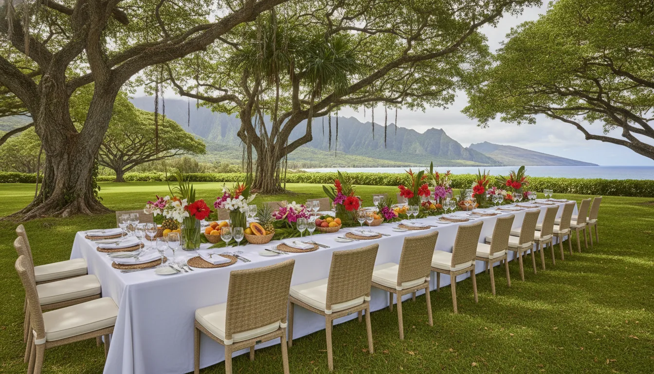One long table under the trees: fifty teachers, zero cameras.