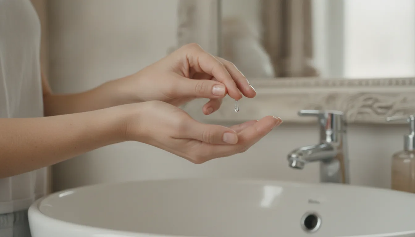 Three drops, pressed — not rubbed — into damp skin.
